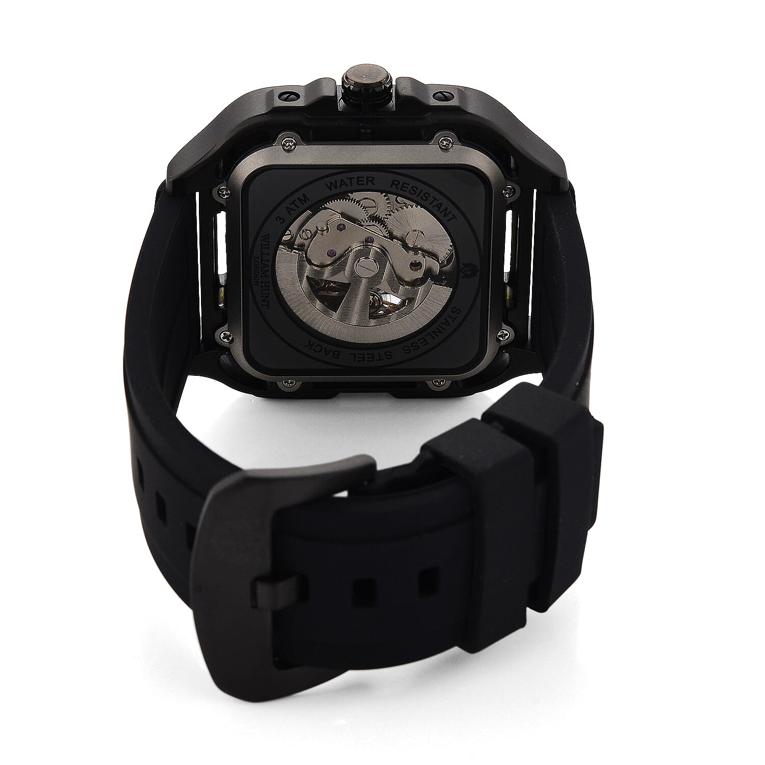 WILLIAM HUNT Automatic 3ATM WR Red Hollow Dial & Black Case Watch with Black Silicone Strap