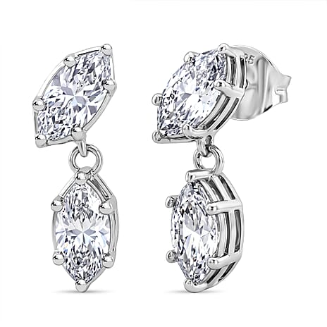 D'Joy - Moissanite Dangling Earring with Push Back in Platinum Overlay Sterling Silver 2.00 Ct