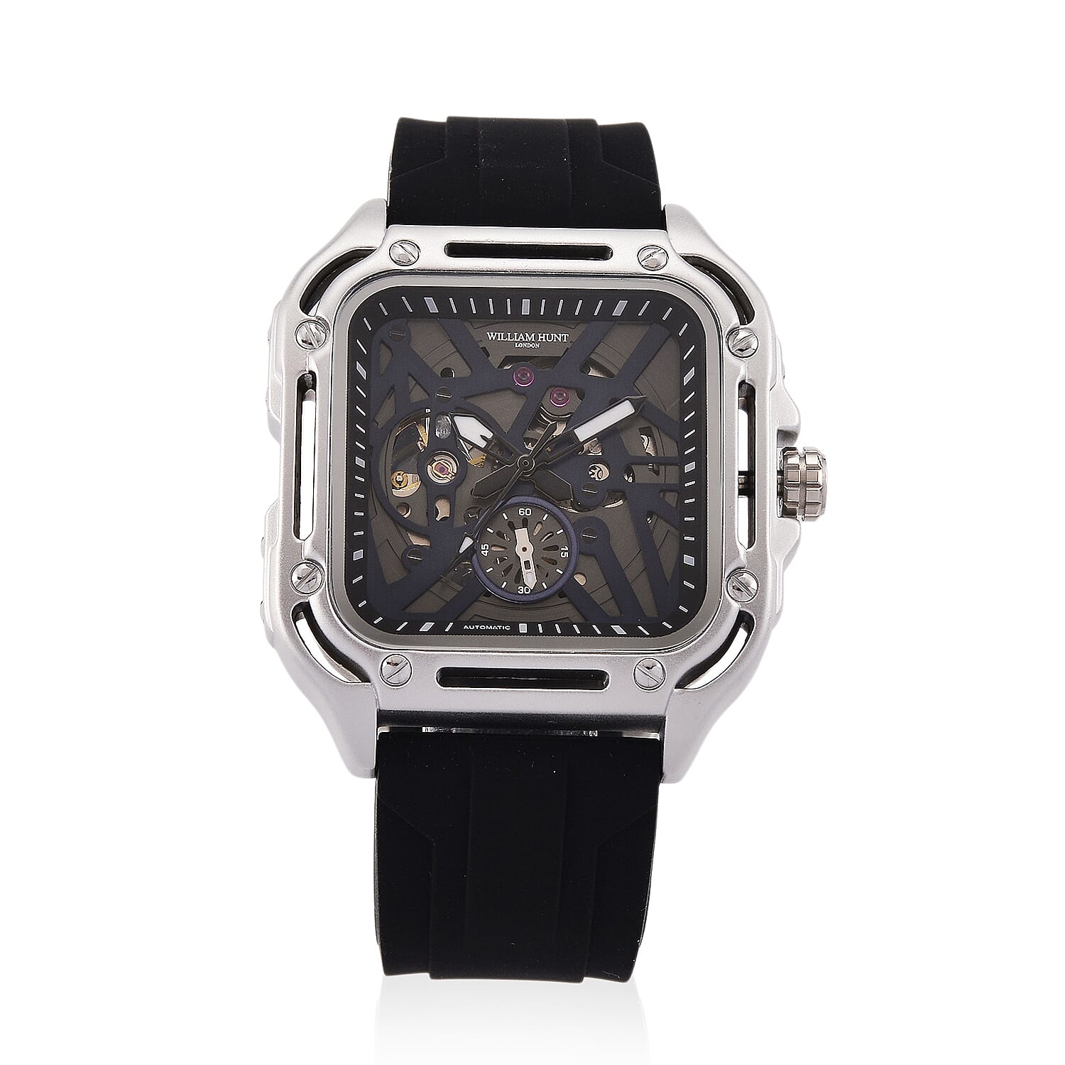 WILLIAM HUNT Automatic 3ATM WR Blue Hollow Dial & Silver Case Watch with Black Silicone Strap