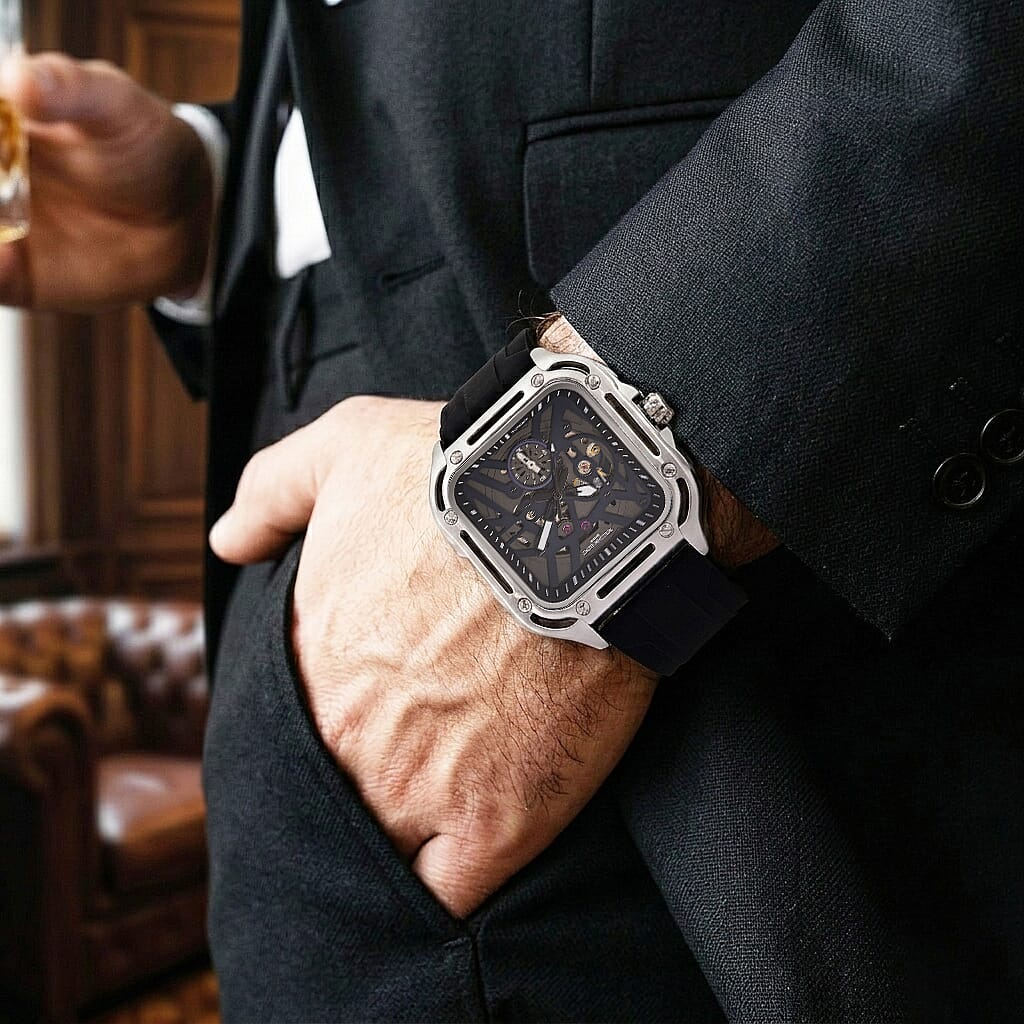 WILLIAM HUNT Automatic 3ATM WR Blue Hollow Dial & Silver Case Watch with Black Silicone Strap