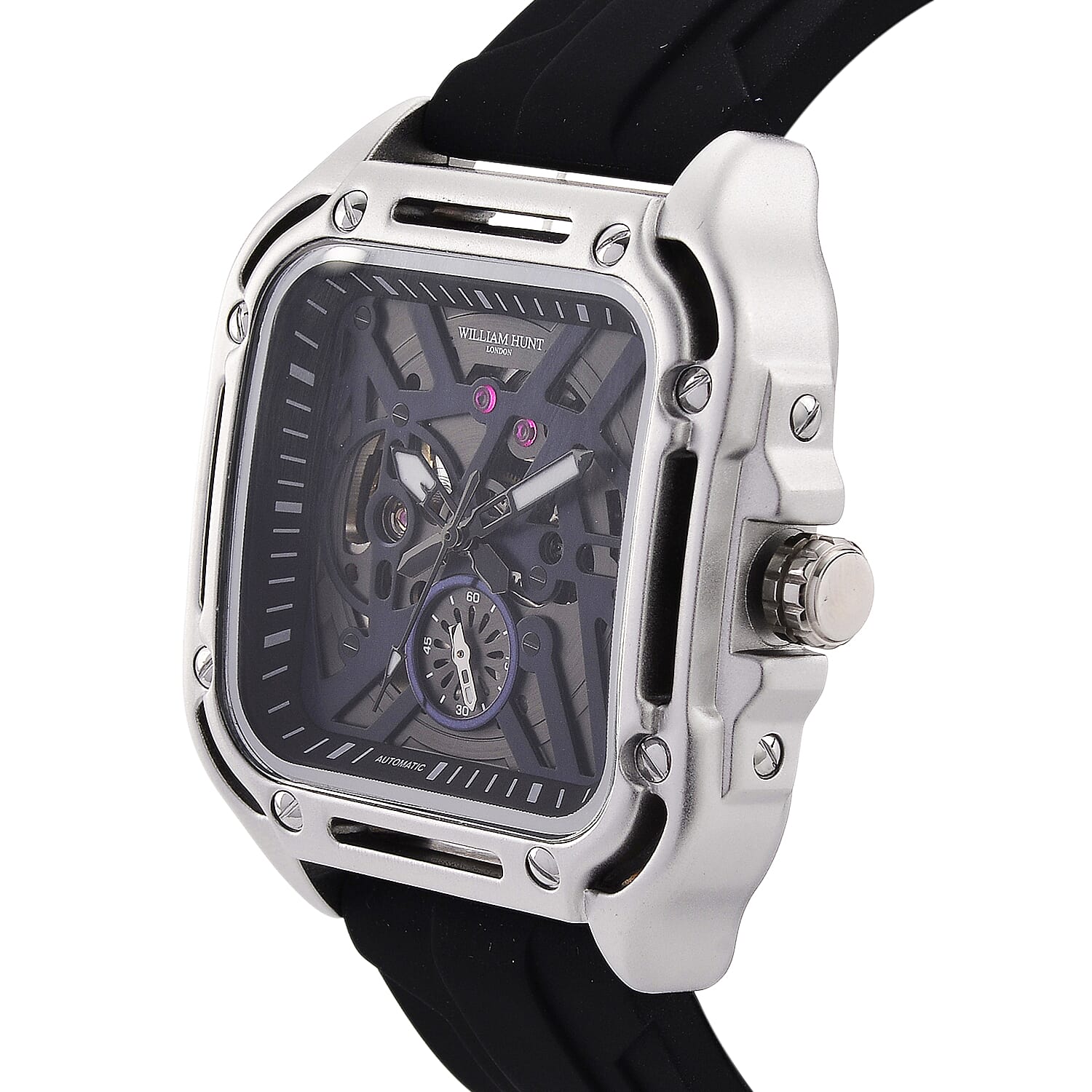 WILLIAM HUNT Automatic 3ATM WR Blue Hollow Dial & Silver Case Watch with Black Silicone Strap