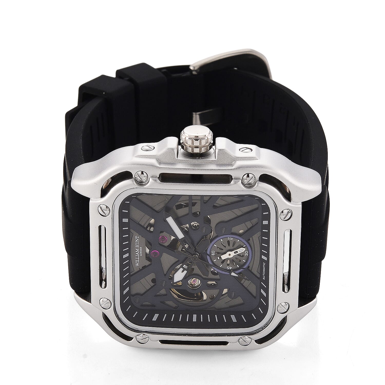 WILLIAM HUNT Automatic 3ATM WR Blue Hollow Dial & Silver Case Watch with Black Silicone Strap