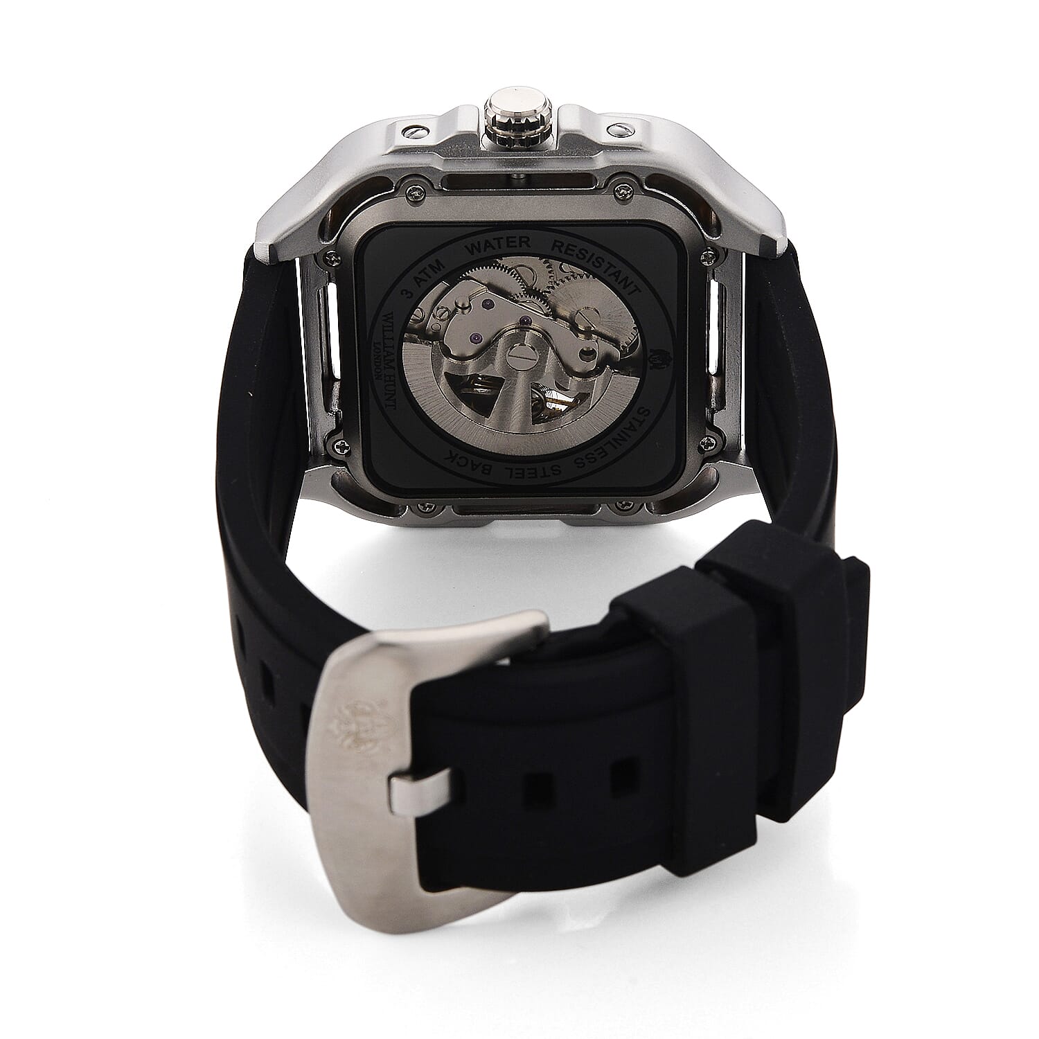 WILLIAM HUNT Automatic 3ATM WR Blue Hollow Dial & Silver Case Watch with Black Silicone Strap