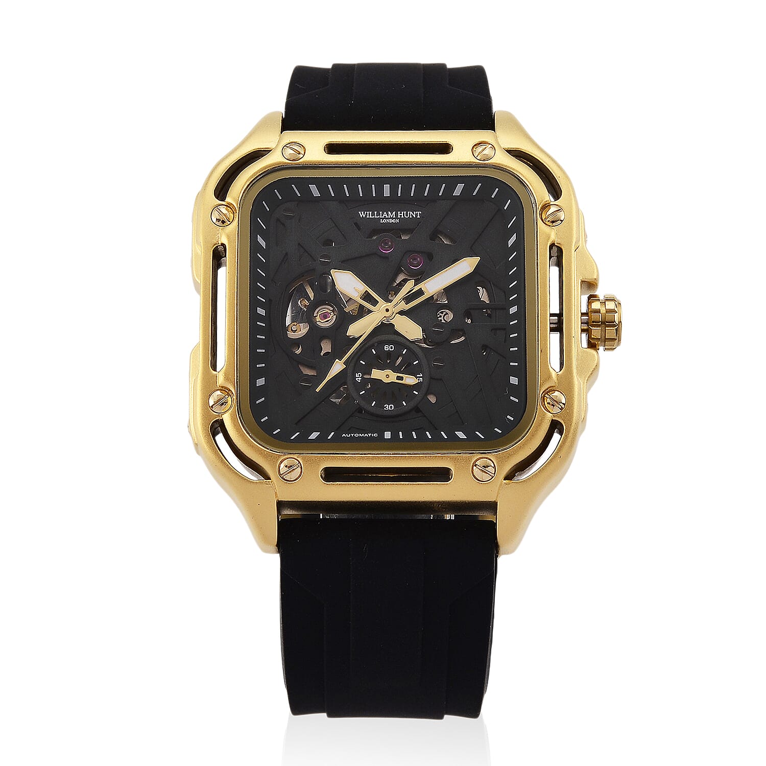 WILLIAM HUNT Automatic 3ATM WR Green Hollow Dial & Gold Case Watch with Black Silicone Strap