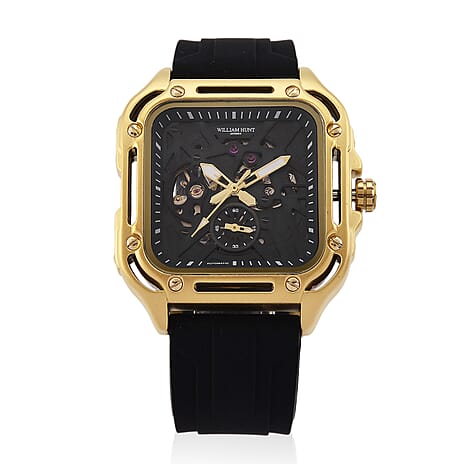 WILLIAM HUNT Automatic 3ATM WR Green Hollow Dial & Gold Case Watch with Black Silicone Strap