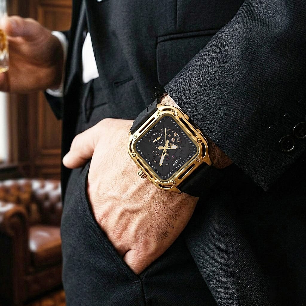 WILLIAM HUNT Automatic 3ATM WR Green Hollow Dial & Gold Case Watch with Black Silicone Strap