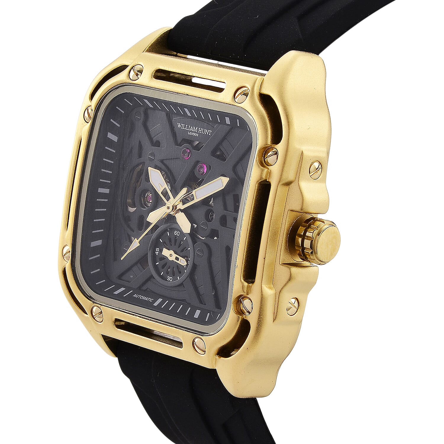 WILLIAM HUNT Automatic 3ATM WR Green Hollow Dial & Gold Case Watch with Black Silicone Strap