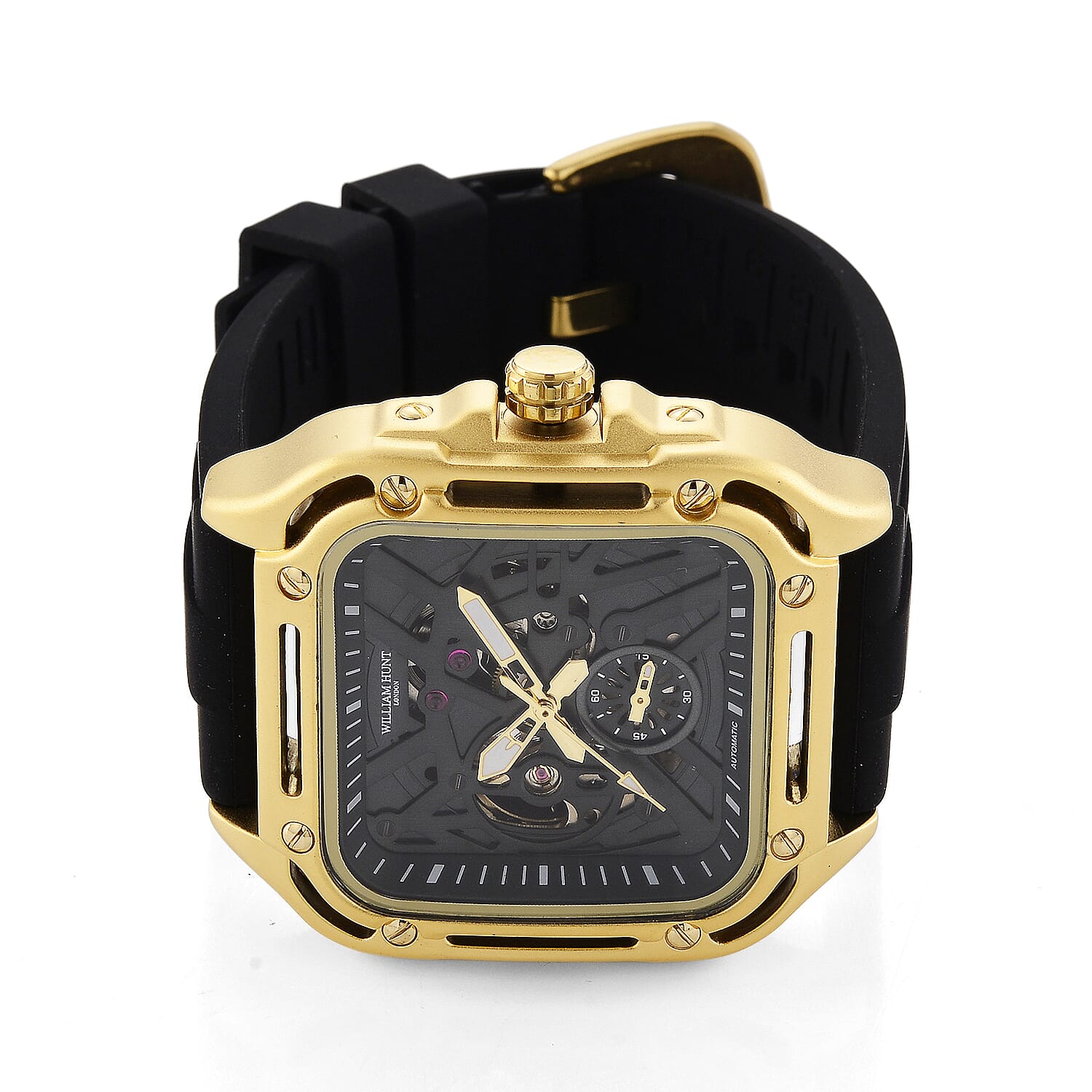 WILLIAM HUNT Automatic 3ATM WR Green Hollow Dial & Gold Case Watch with Black Silicone Strap