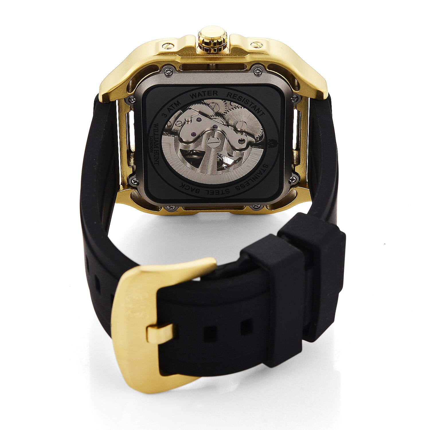 WILLIAM HUNT Automatic 3ATM WR Green Hollow Dial & Gold Case Watch with Black Silicone Strap