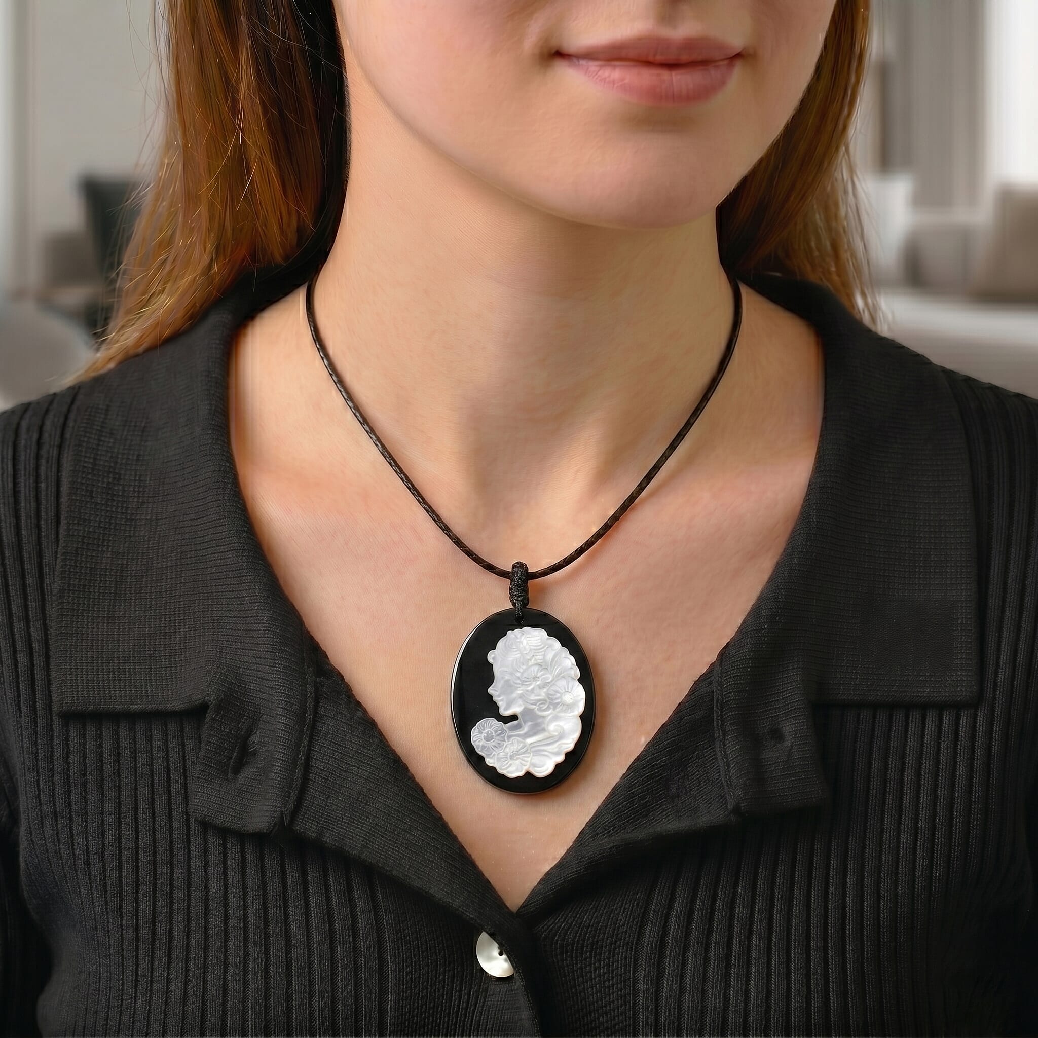 Shungite & White Mother Of Pearl Cotton Thread Adjustable Necklace (Size - 28) 60.00 Ct.