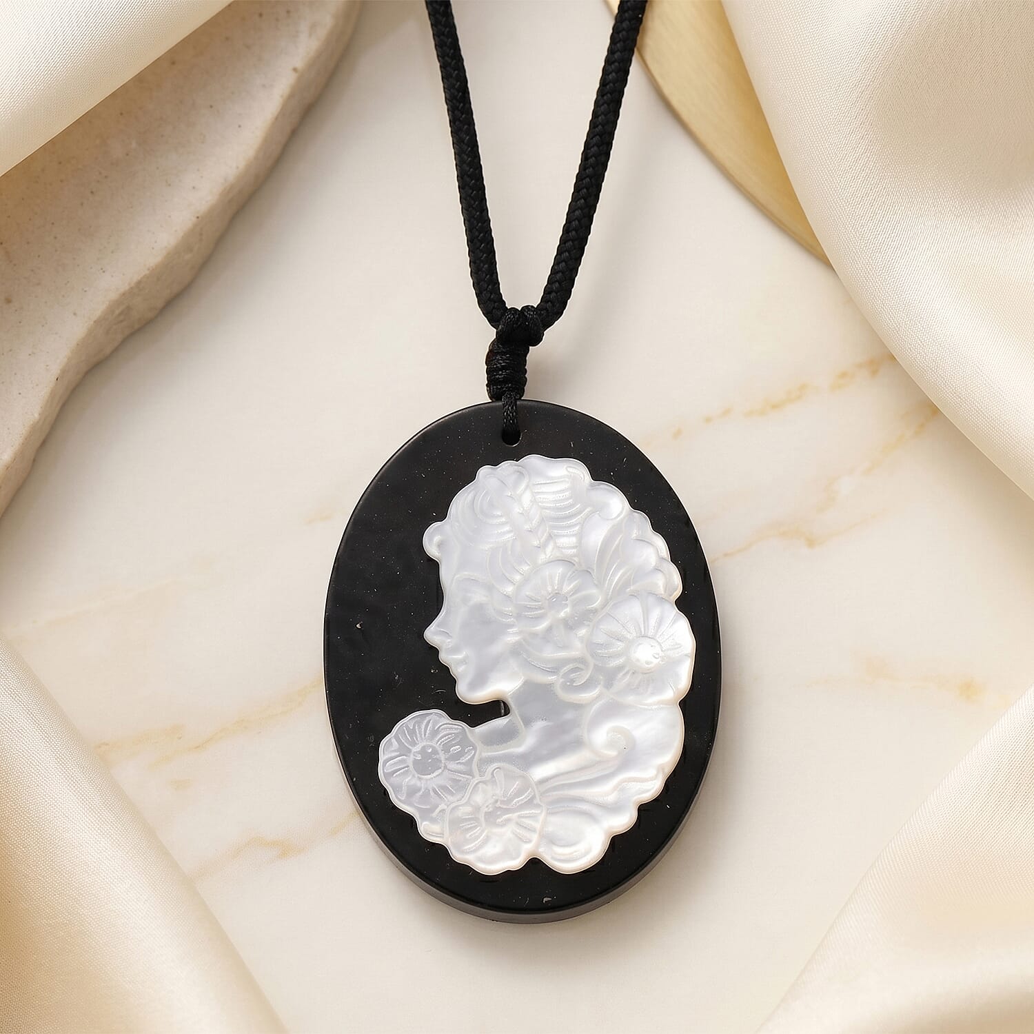 Shungite & White Mother Of Pearl Cotton Thread Adjustable Necklace (Size - 28) 60.00 Ct.