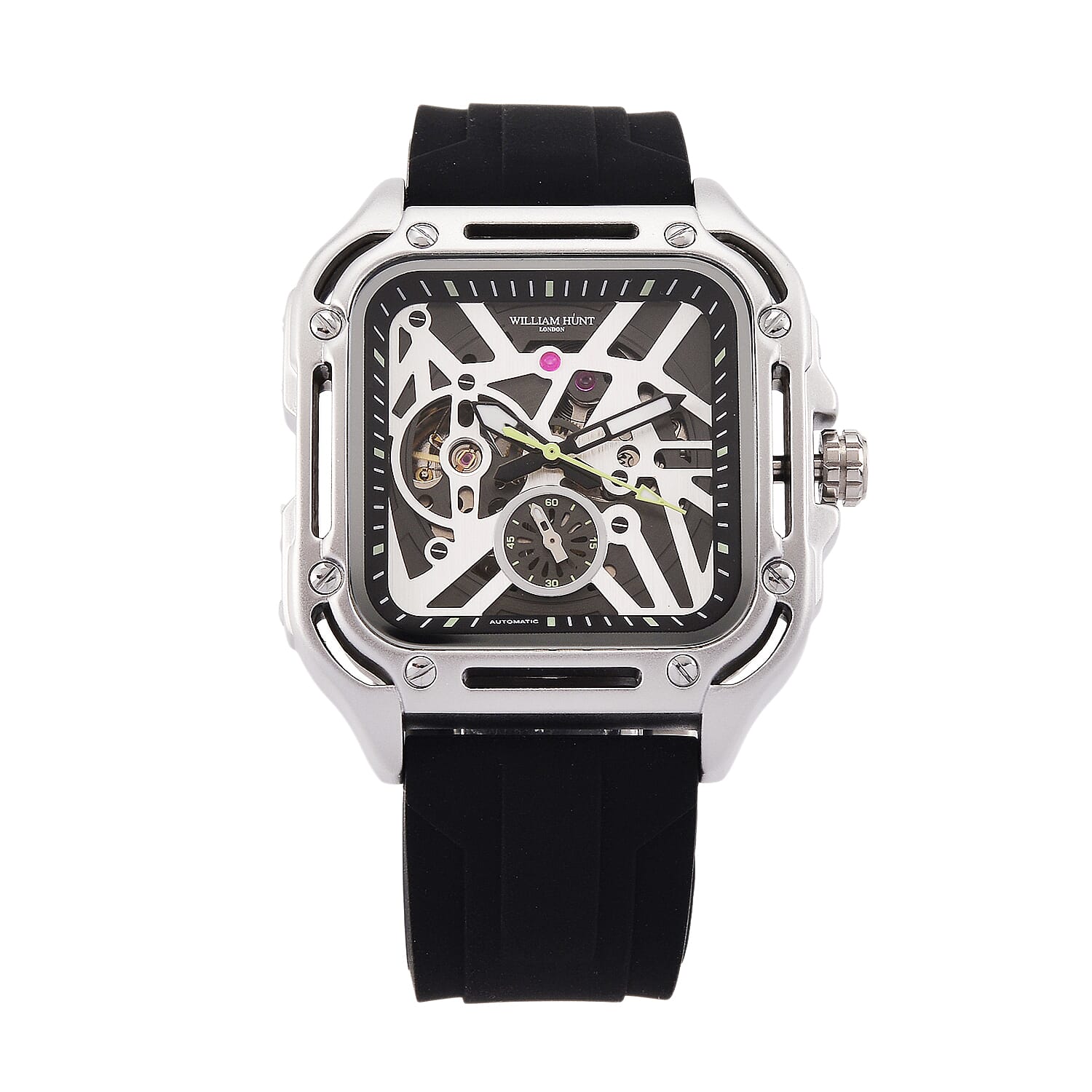 WILLIAM HUNT Automatic 3ATM WR Silver Hollow Dial & Silver Case Watch with Black Silicone Strap
