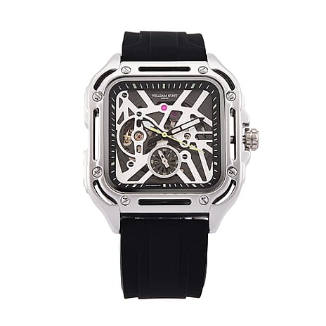 WILLIAM HUNT Automatic 3ATM WR Silver Hollow Dial & Silver Case Watch with Black Silicone Strap