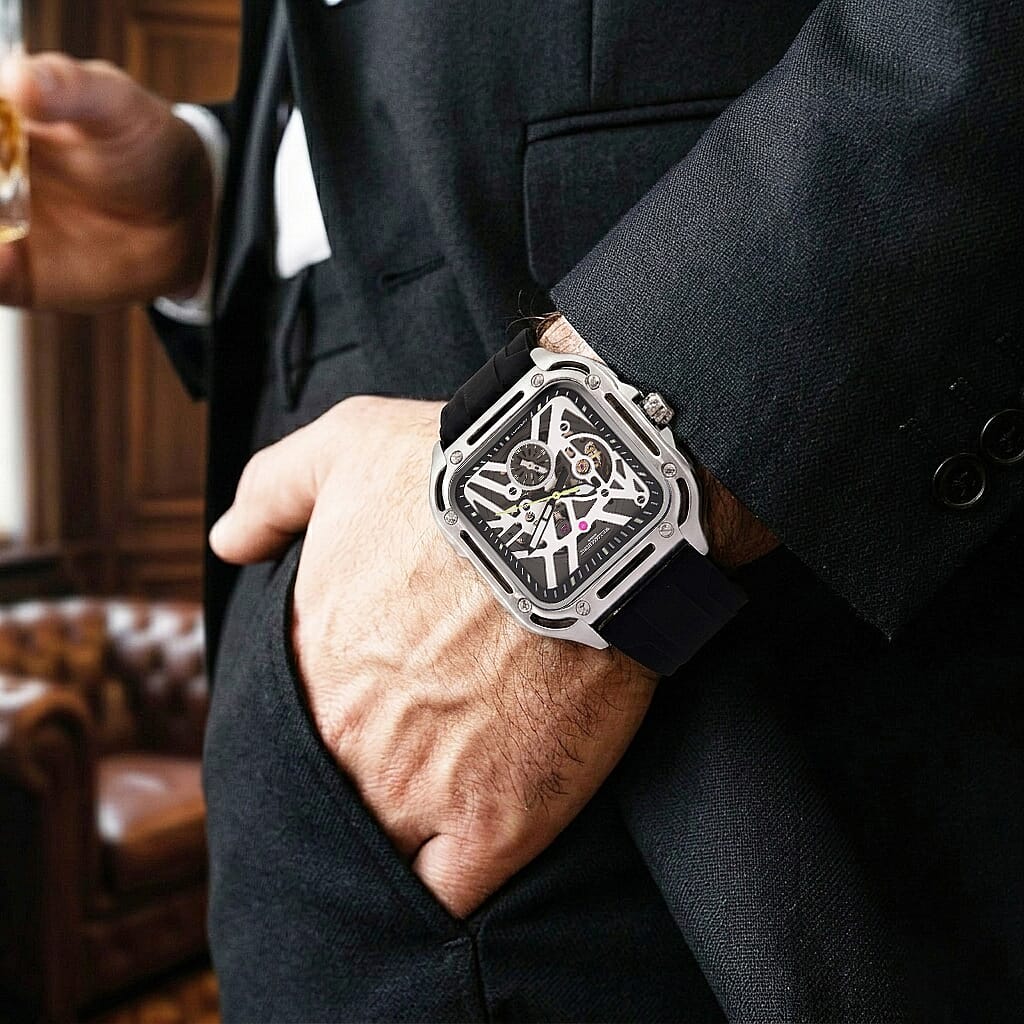 WILLIAM HUNT Automatic 3ATM WR Silver Hollow Dial & Silver Case Watch with Black Silicone Strap