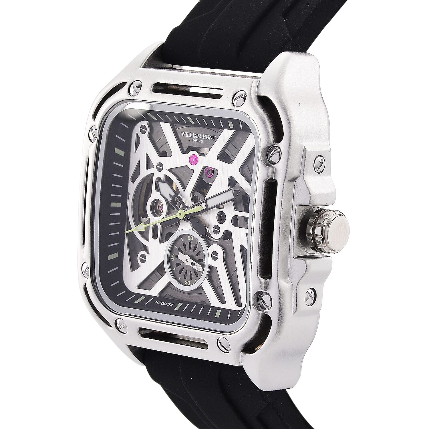 WILLIAM HUNT Automatic 3ATM WR Silver Hollow Dial & Silver Case Watch with Black Silicone Strap