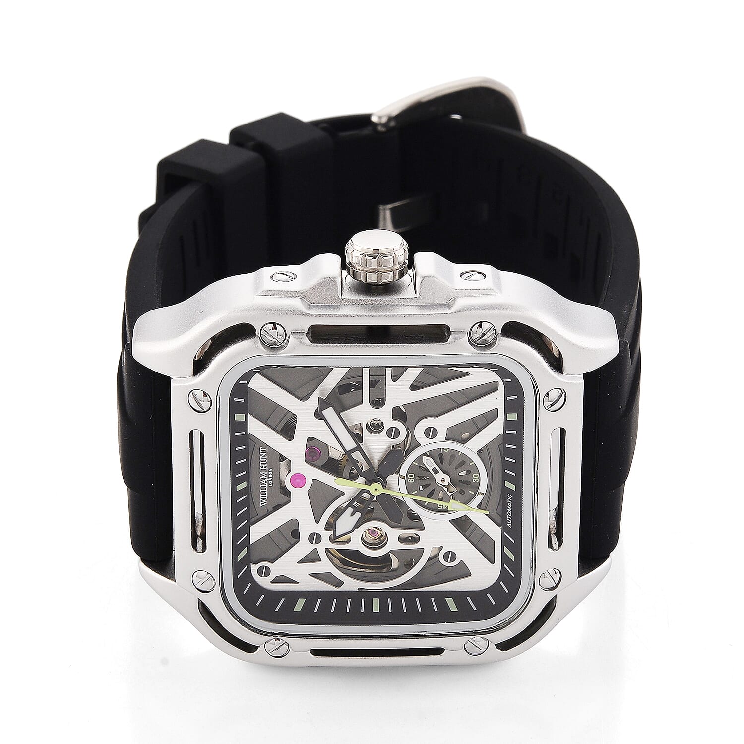 WILLIAM HUNT Automatic 3ATM WR Silver Hollow Dial & Silver Case Watch with Black Silicone Strap