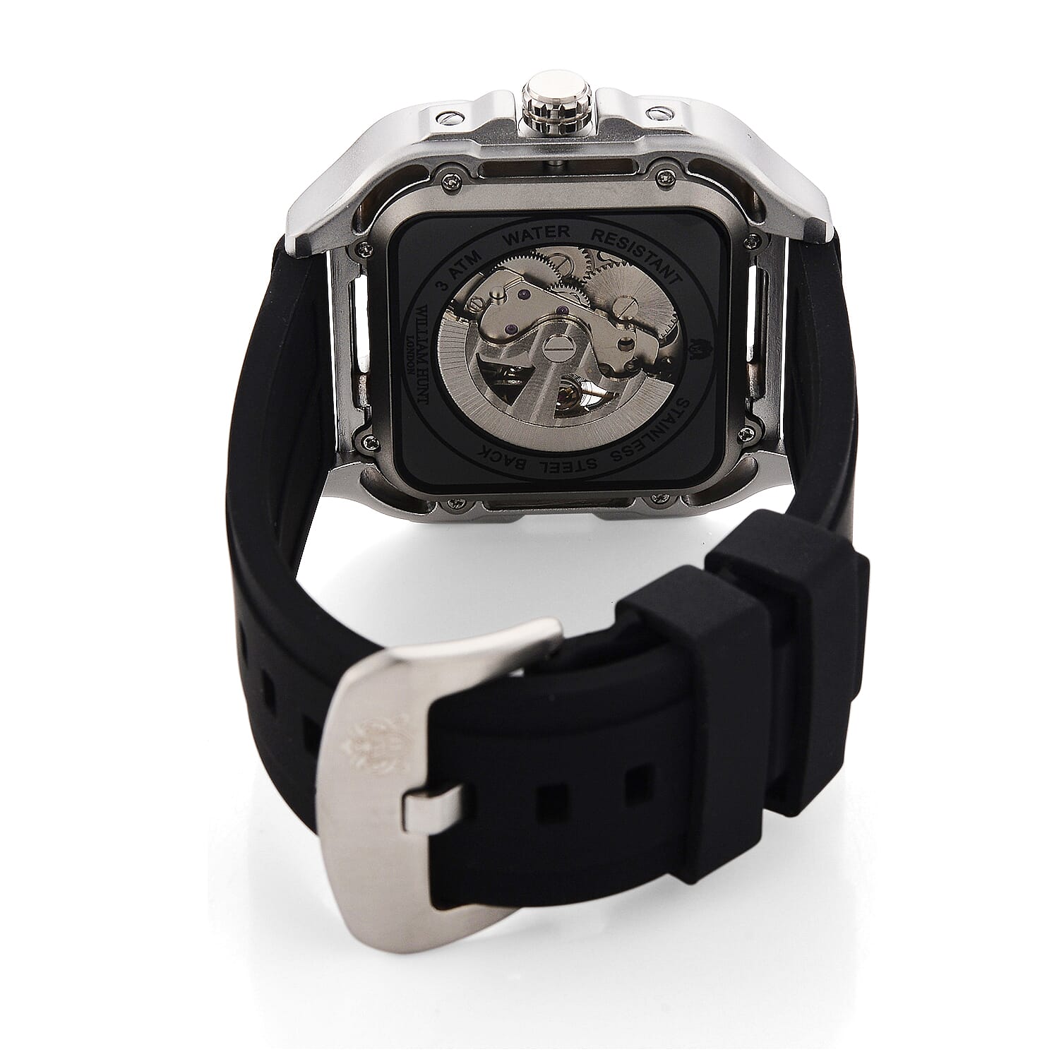 WILLIAM HUNT Automatic 3ATM WR Silver Hollow Dial & Silver Case Watch with Black Silicone Strap