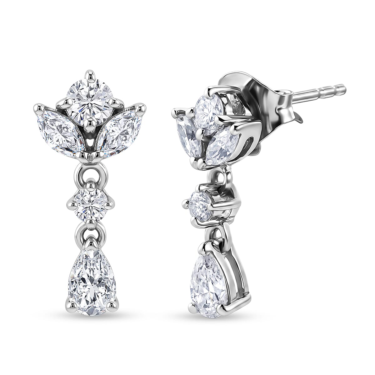 D'Joy - Moissanite Dangling Earring with Push Back in Platinum Overlay Sterling Silver