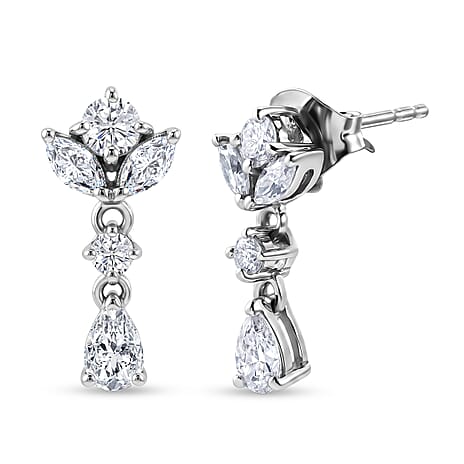 D'Joy - Moissanite Dangling Earring with Push Back in Platinum Overlay Sterling Silver