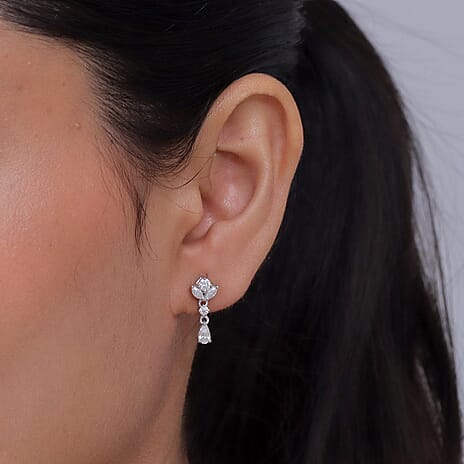 D'Joy - Moissanite Dangling Earring with Push Back in Platinum Overlay Sterling Silver