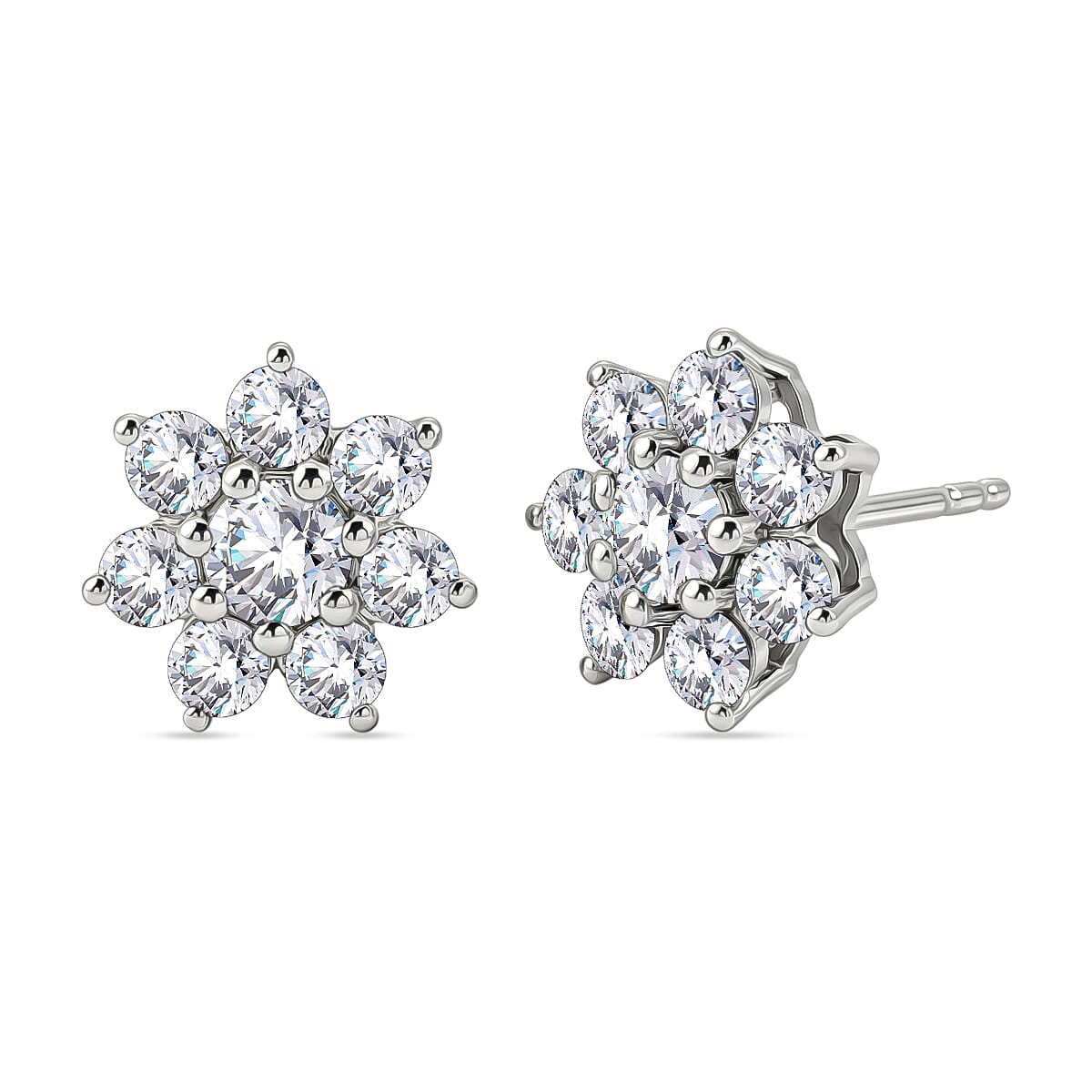 D'Joy - Moissanite Cluster Earring with Push Back in Platinum Overlay Sterling Silver 1.62 Ct.