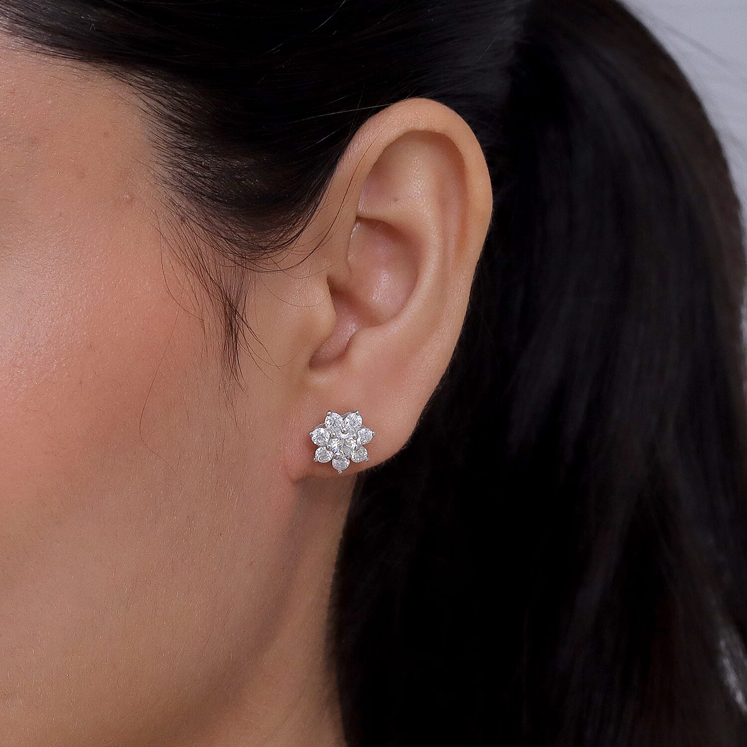 D'Joy - Moissanite Cluster Earring with Push Back in Platinum Overlay Sterling Silver 1.62 Ct.