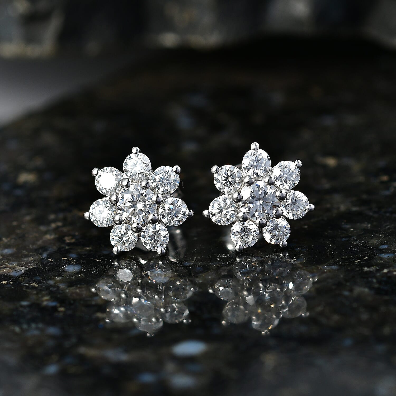 D'Joy - Moissanite Cluster Earring with Push Back in Platinum Overlay Sterling Silver 1.62 Ct.