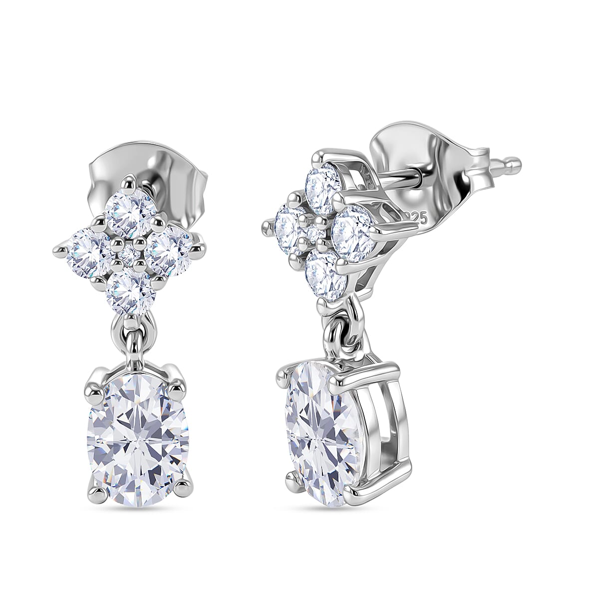 D'Joy - Moissanite Dangling Earring with Push Back in Platinum Overlay Sterling Silver 2.14 Ct.