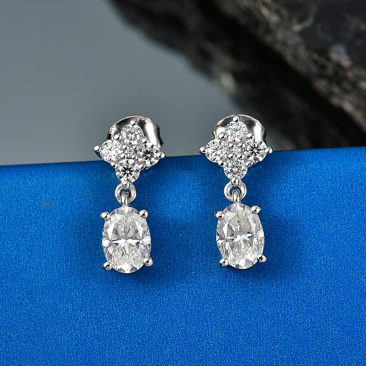 D'Joy - Moissanite Dangling Earring with Push Back in Platinum Overlay Sterling Silver 2.14 Ct.