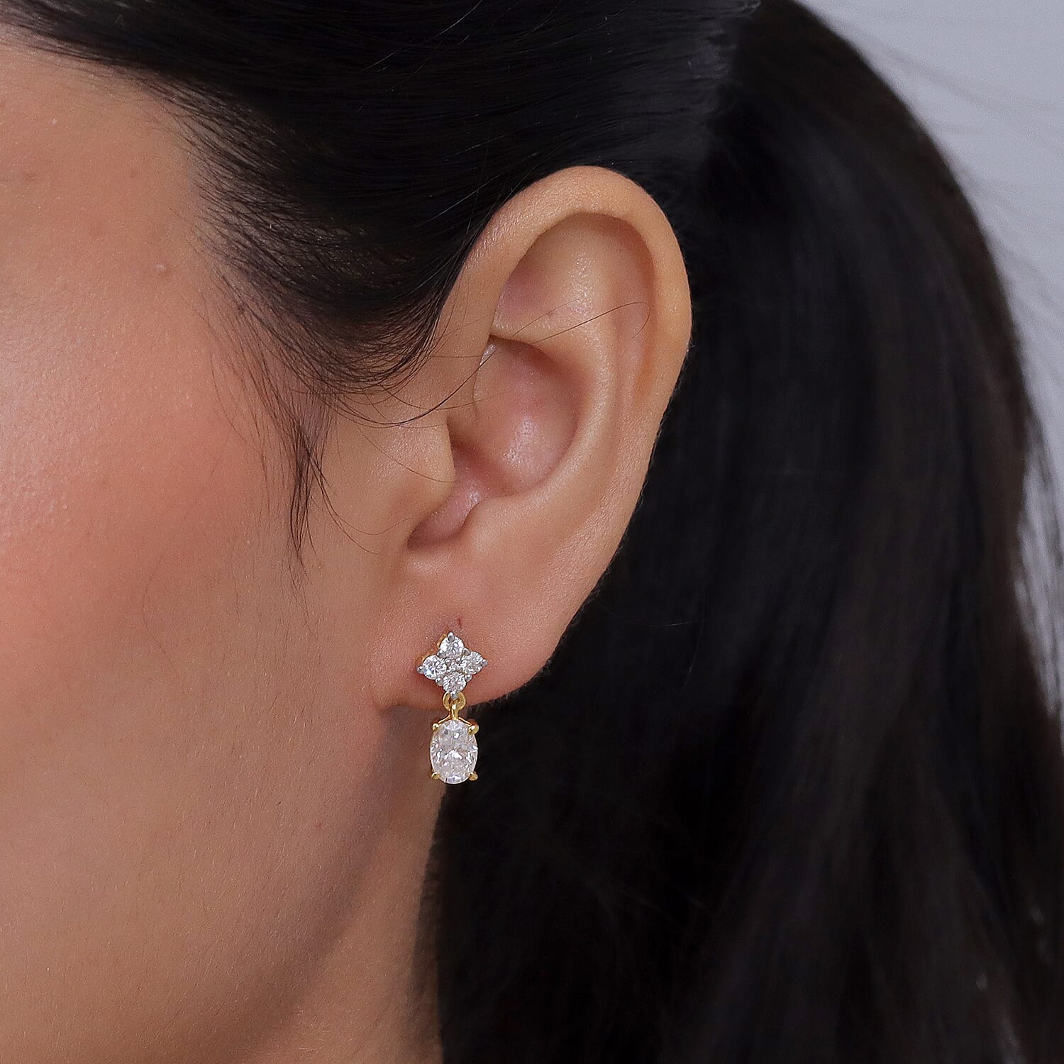 D'Joy - Moissanite Dangling Earring with Push Back in Yellow Gold Plated Sterling Silver 2.14 Ct.