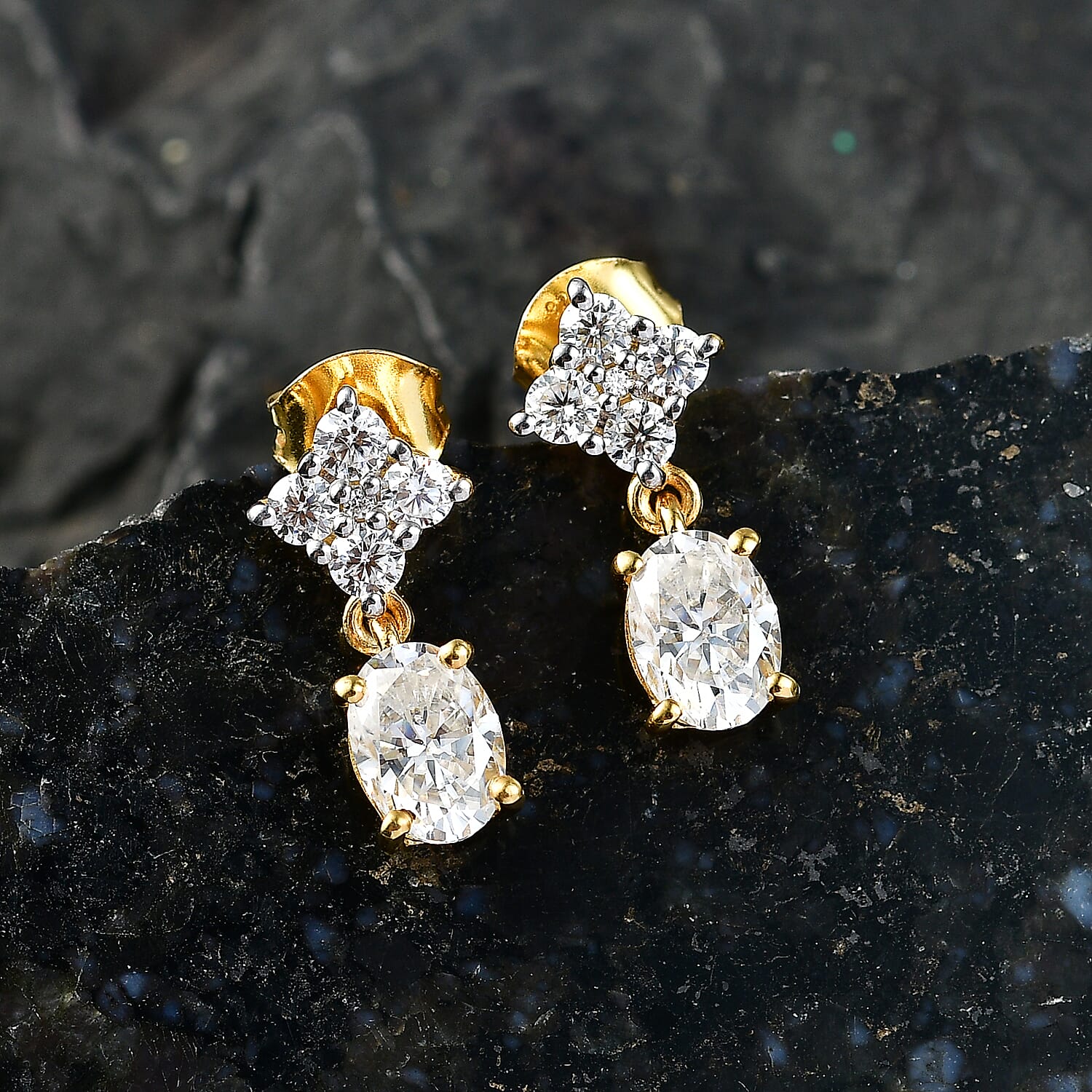 D'Joy - Moissanite Dangling Earring with Push Back in Yellow Gold Plated Sterling Silver 2.14 Ct.
