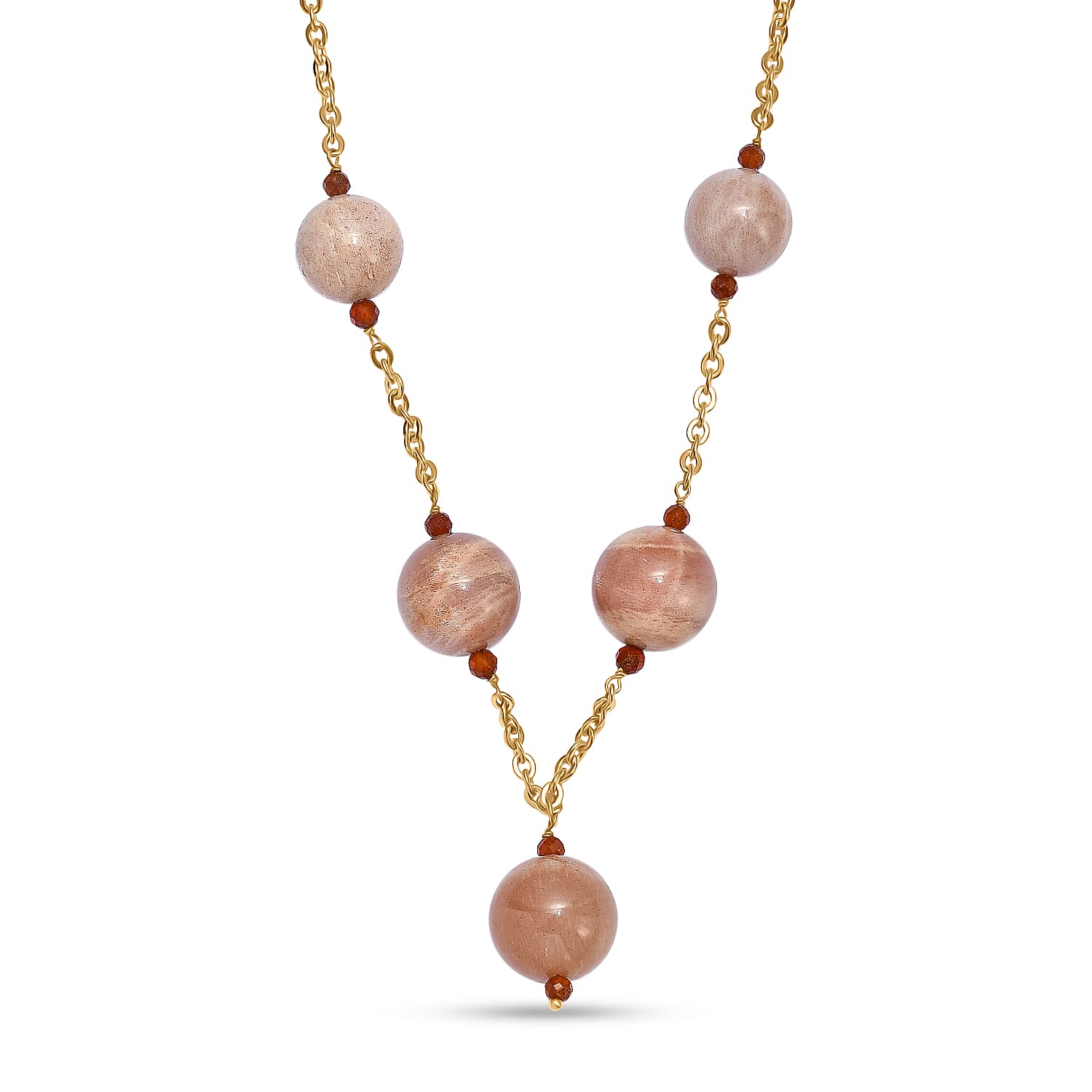 EverTrue - Hessonite Garnet & Peach Moonstone Necklace (Size - 20-2 Ext) in Yellow Gold Tone 520.00 Ct.