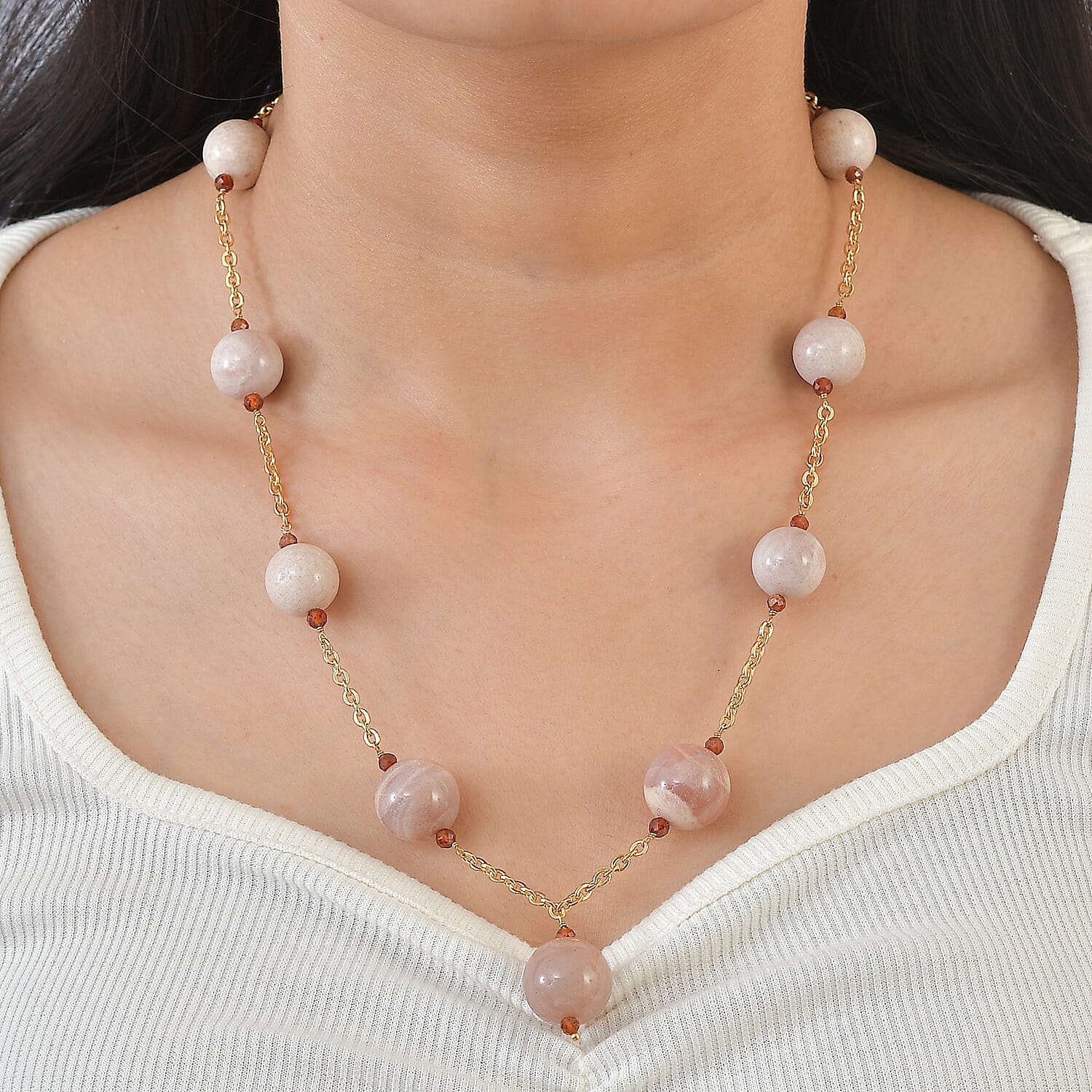 EverTrue - Hessonite Garnet & Peach Moonstone Necklace (Size - 20-2 Ext) in Yellow Gold Tone 520.00 Ct.
