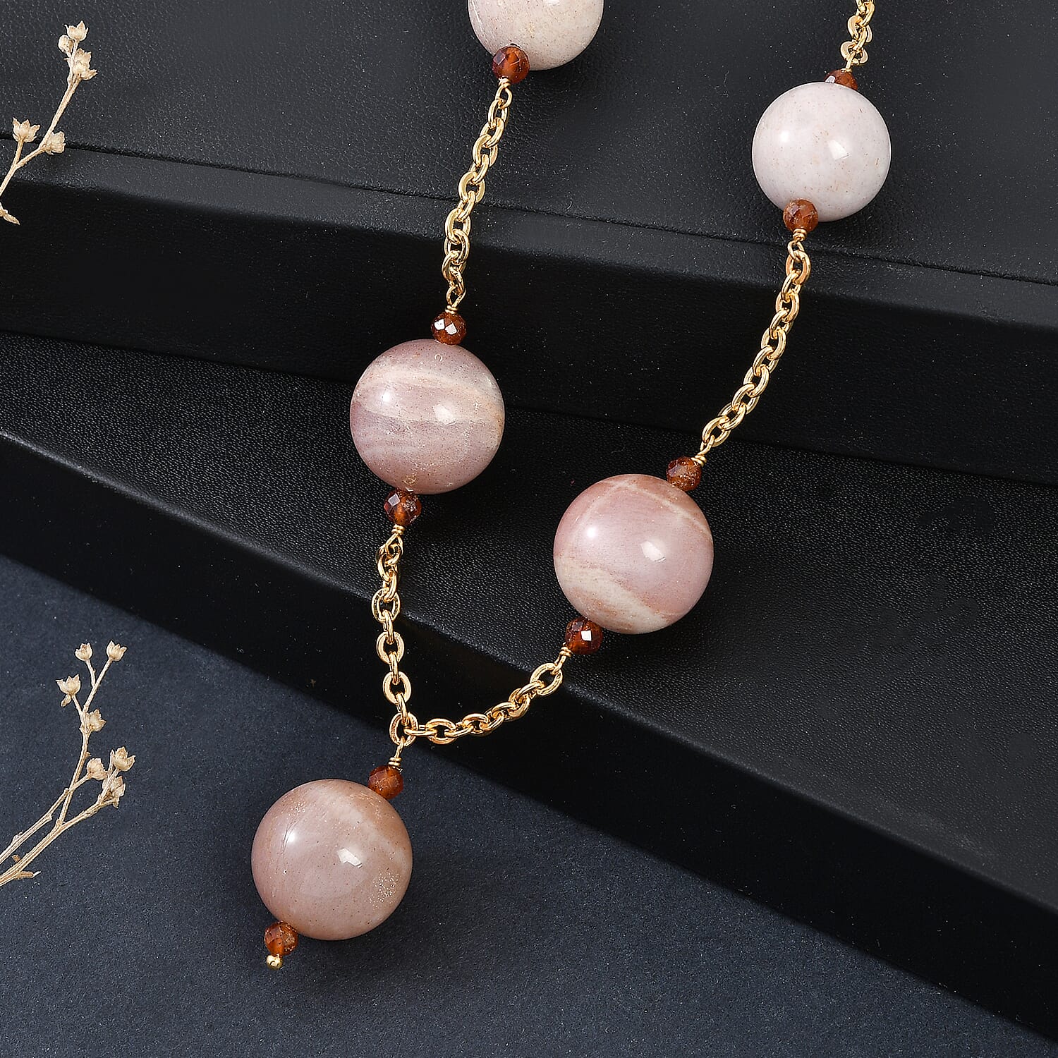 EverTrue - Hessonite Garnet & Peach Moonstone Necklace (Size - 20-2 Ext) in Yellow Gold Tone 520.00 Ct.