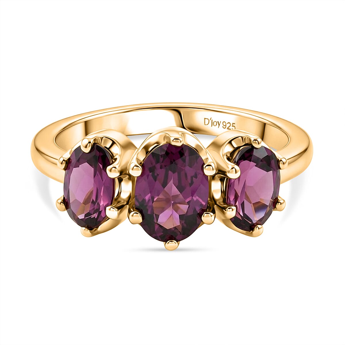 D'Joy - Natural Radiant Ember Garnet Trilogy Ring in 18K Vermeil Yellow Gold Plated Sterling Silver 2.10 Ct.