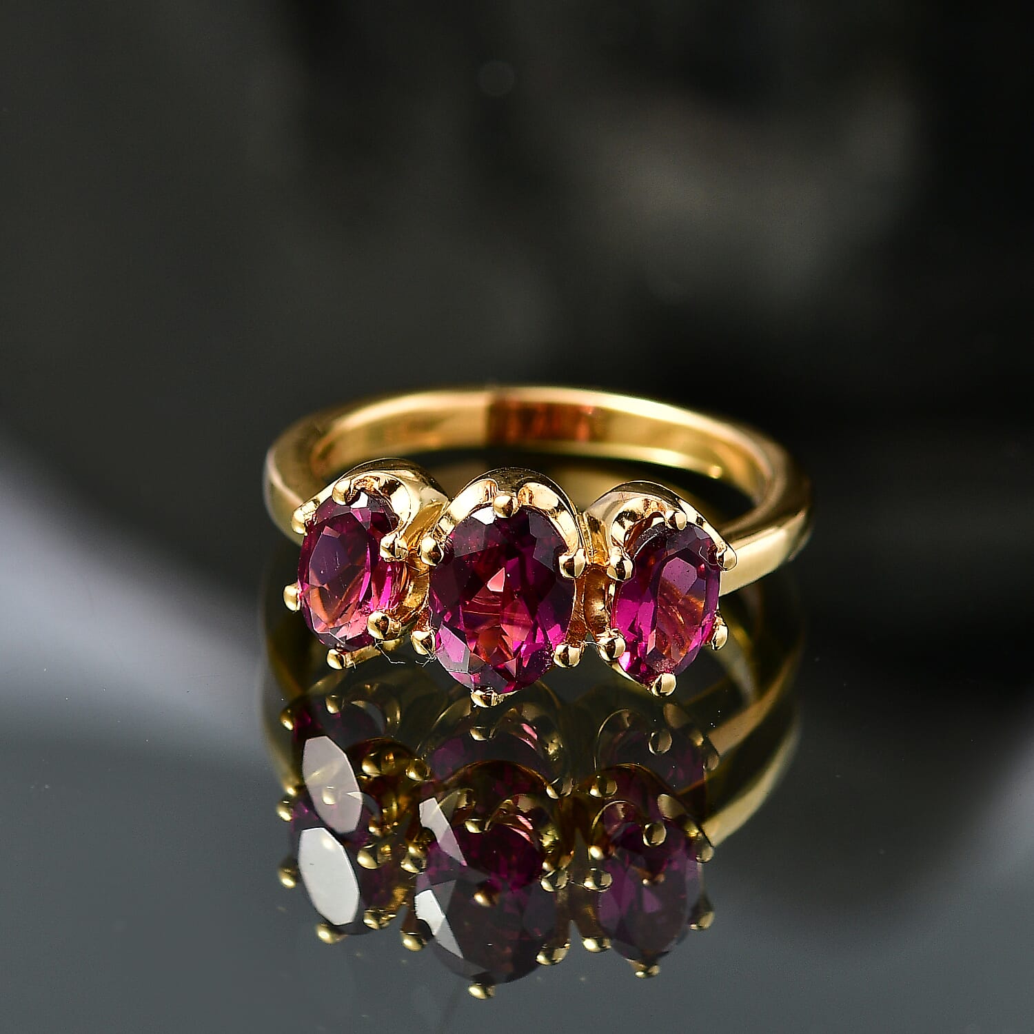 D'Joy - Natural Radiant Ember Garnet Trilogy Ring in 18K Vermeil Yellow Gold Plated Sterling Silver 2.10 Ct.