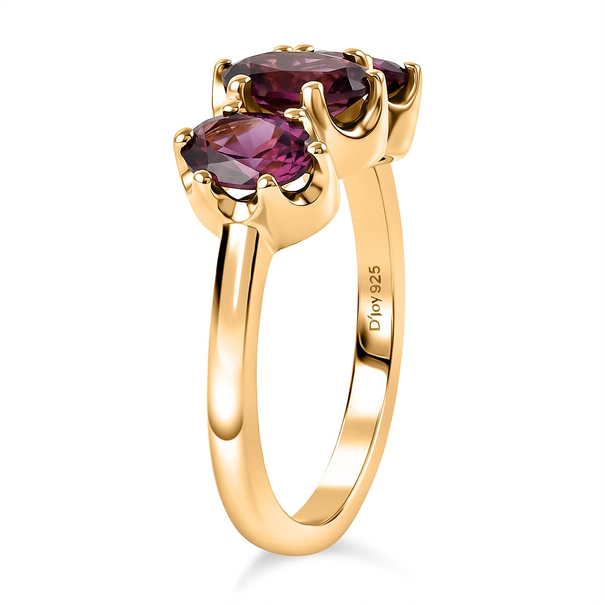 D'Joy - Natural Radiant Ember Garnet Trilogy Ring in 18K Vermeil Yellow Gold Plated Sterling Silver 2.10 Ct.