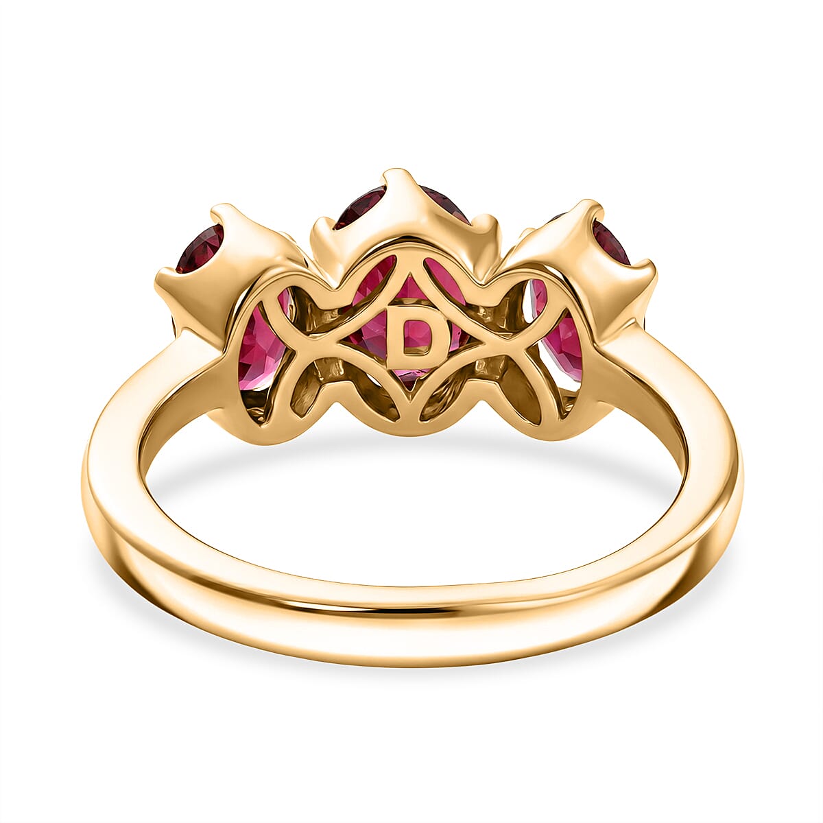 D'Joy - Natural Radiant Ember Garnet Trilogy Ring in 18K Vermeil Yellow Gold Plated Sterling Silver 2.10 Ct.