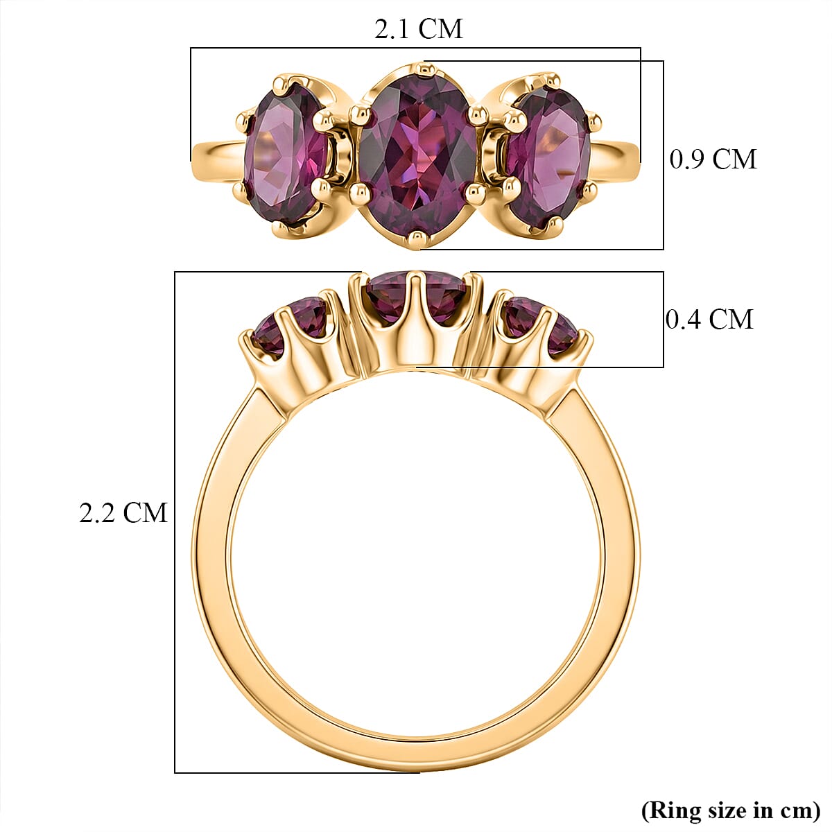 D'Joy - Natural Radiant Ember Garnet Trilogy Ring in 18K Vermeil Yellow Gold Plated Sterling Silver 2.10 Ct.