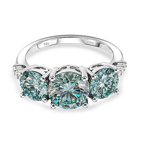 D'Joy - Paraiba Moissanite Trilogy Ring in Rhodium Overlay Sterling Silver 4.00 Ct