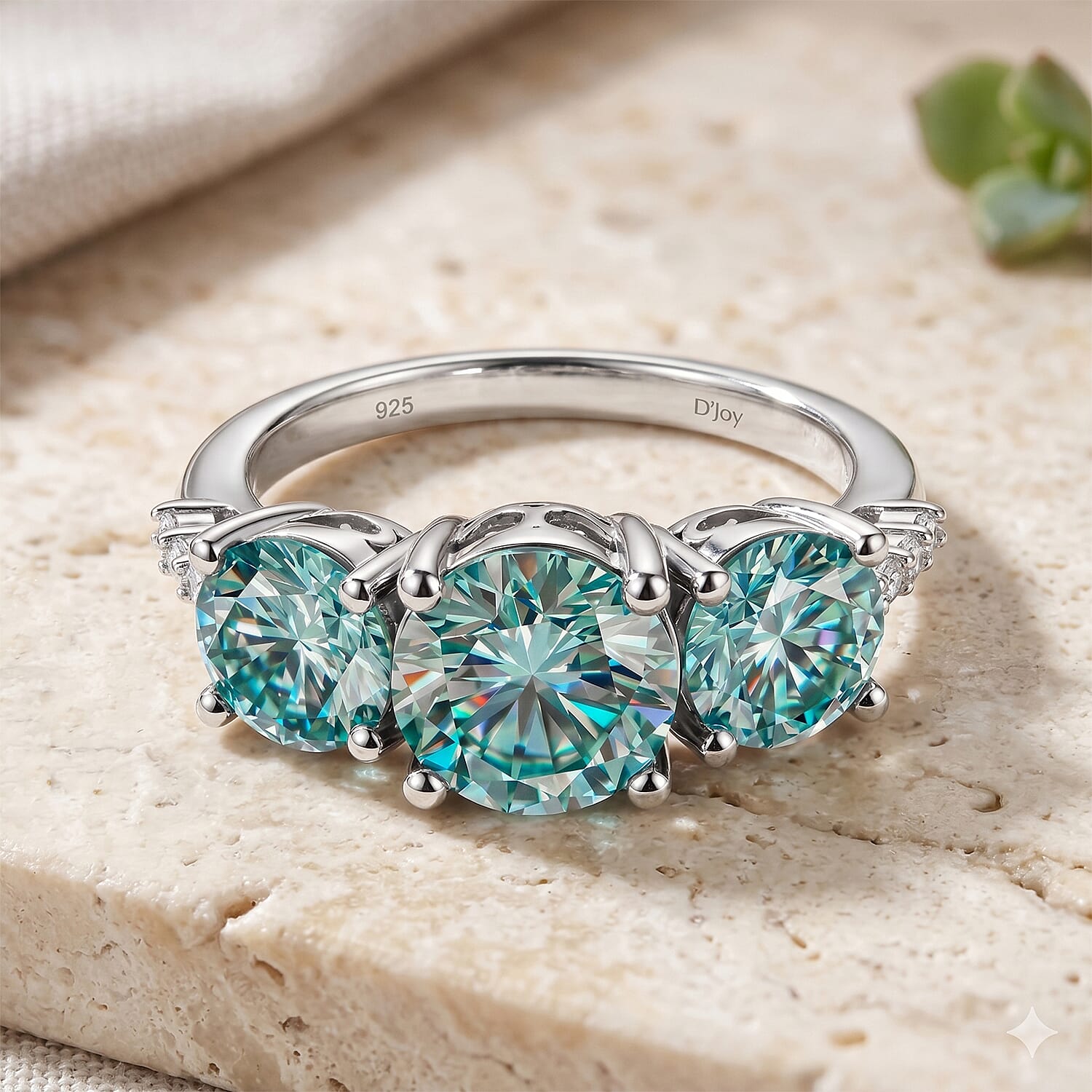 D'Joy - Paraiba Moissanite Trilogy Ring in Rhodium Overlay Sterling Silver 4.00 Ct