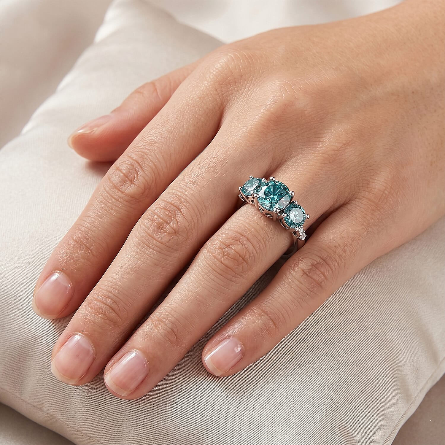 D'Joy - Paraiba Moissanite Trilogy Ring in Rhodium Overlay Sterling Silver 4.00 Ct