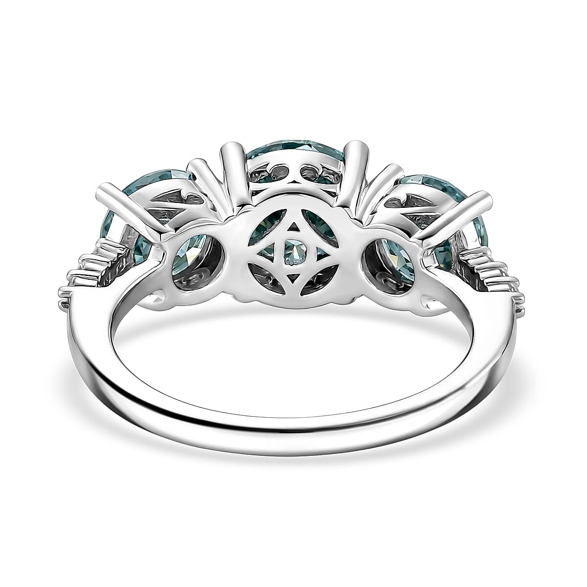 EVENT EXCLUSIVE - Paraiba Colour Moissanite Trilogy Ring in Rhodium Overlay Sterling Silver 4.00 Ct