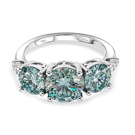 EVENT EXCLUSIVE - Paraiba Colour Moissanite Trilogy Ring in Rhodium Overlay Sterling Silver 4.00 Ct