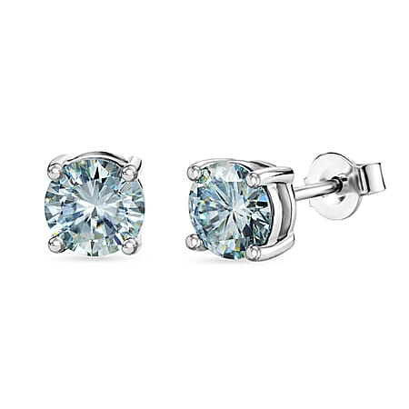 EVENT EXCLUSIVE - Paraiba Colour Moissanite Solitaire Stud Push Post Earring in Rhodium Overlay Sterling Silver 1.80 Ct.