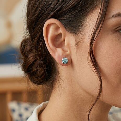 EVENT EXCLUSIVE - Paraiba Colour Moissanite Solitaire Stud Push Post Earring in Rhodium Overlay Sterling Silver 1.80 Ct.