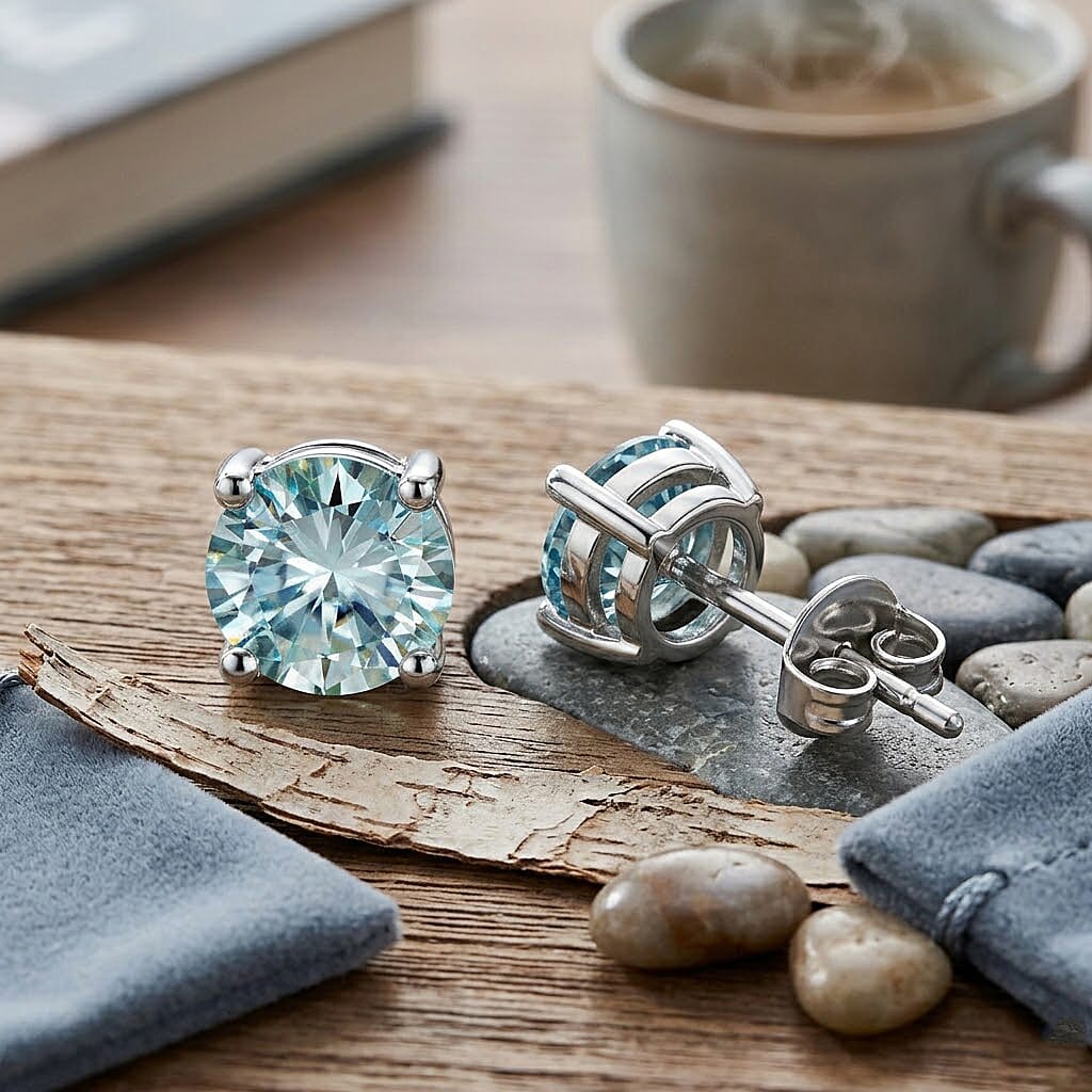 D'Joy - Paraiba Moissanite Solitaire Stud Push Post Earring in Rhodium Overlay Sterling Silver 1.80 Ct.