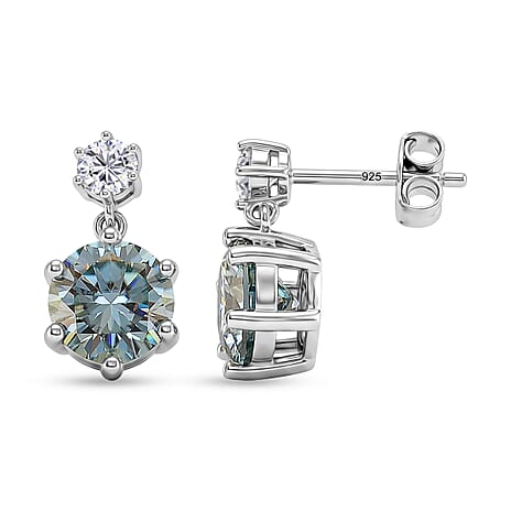 D'Joy - Paraiba Moissanite Dangling Push Back Earring in Rhodium Overlay Sterling Silver 4.30 Ct.