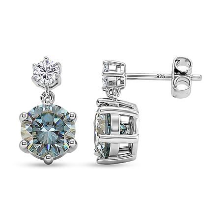 D'Joy - Paraiba Moissanite Dangling Push Back Earring in Rhodium Overlay Sterling Silver 4.30 Ct. D'Joy - Paraiba Moissanite Dangling Push Back Earring in Rhodium Overlay Sterling Silver 4.30 Ct.