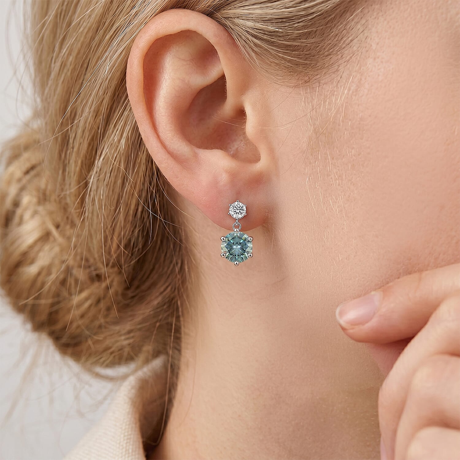 D'Joy - Paraiba Moissanite Dangling Push Back Earring in Rhodium Overlay Sterling Silver 4.30 Ct.